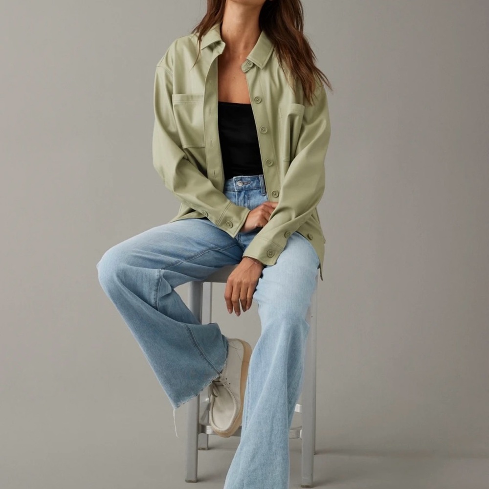 American Eagle Vegan Leather Olive Green Women's Shirt -Jacket Oversized S